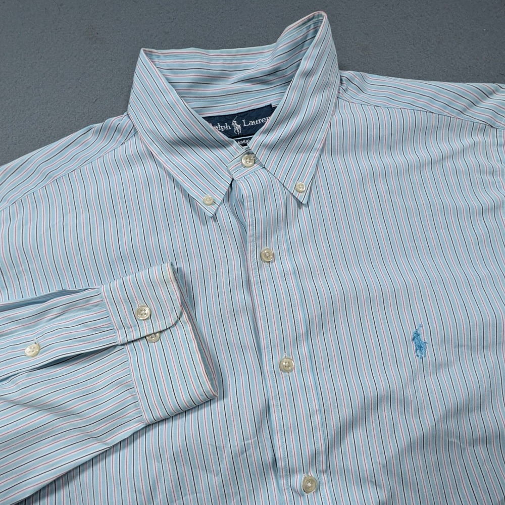 Ralph Lauren Button Down Shirt Mens 16.5 34/35 Blue Striped Classic Fit